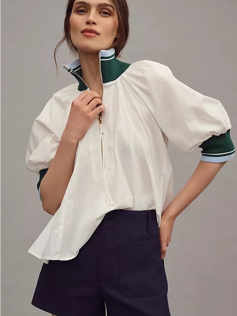 Maeve Half-Zip Puff-Sleeve Sporty Henley Blouse